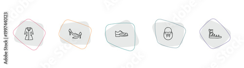 clothes outline icon set. linear vector for ui, web and mobile. thin line trench coat, high heel, leather derby shoe icons.