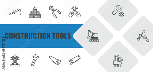 construction tools outline icon set. linear vector for ui, web and mobile. thin line iron soldering, big building, plier icons.
