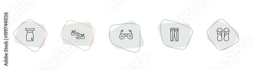 clothes outline icon set. linear vector for ui, web and mobile. thin line off the shoulder dress, platform sandals, pilot sunglasses icons.