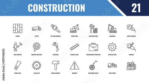 construction outline icon set. linear vector for ui, web and mobile. thin line tipper, angle grinder, businessman portfolio icons.