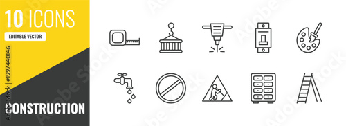 construction outline icon set. 10 linear vector for ui, web and mobile. thin line open scale, derrick with pallet, jackhammer icons.