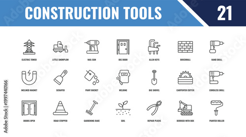 construction tools outline icon set. linear vector for ui, web and mobile. thin line little snowplow, hand drill, big shovel icons.