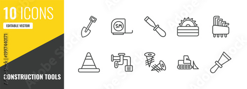 construction tools outline icon set. 10 linear vector for ui, web and mobile. thin line spade tool, five meters ruler, chisel icons.