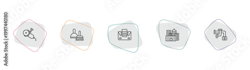 construction outline icon set. linear vector for ui, web and mobile. thin line grinder, dustpan and brush, tool bag icons.
