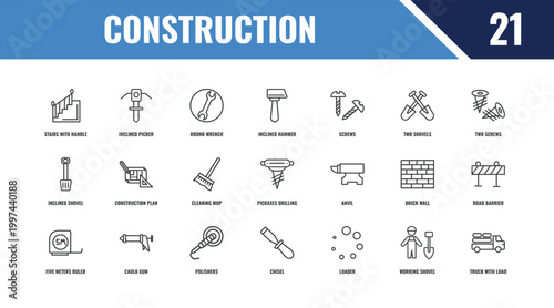 construction outline icon set. linear vector for ui, web and mobile. thin line inclined picker, two screws, anvil icons.