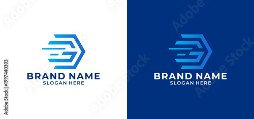 Blue hexagonal logo with motion lines, suitable for tech or transportation companies. Perfect for branding materials like business cards or websites.