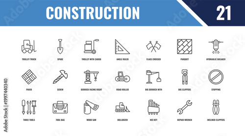 construction outline icon set. linear vector for ui, web and mobile. thin line spade, hydraulic breaker, big derrick with boxes icons.