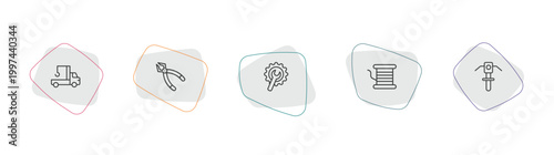 construction outline icon set. linear vector for ui, web and mobile. thin line crane truck, plier, wrench and gear icons.