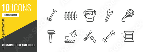 construction and tools outline icon set. 10 linear vector for ui, web and mobile. thin line gardening rake, garden fence, open paint bucket icons.