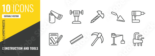 construction and tools outline icon set. 10 linear vector for ui, web and mobile. thin line wood saw, rammer, screw icons.