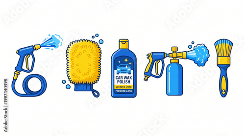 Collection of car wash equipment and cleaning supplies for automotive detailing