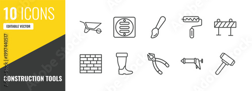 construction tools outline icon set. 10 linear vector for ui, web and mobile. thin line wheel barrow, drain, brush icons.