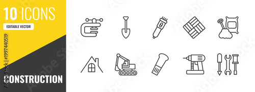 construction outline icon set. 10 linear vector for ui, web and mobile. thin line vise, spade, clippers icons.