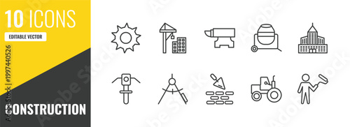construction outline icon set. 10 linear vector for ui, web and mobile. thin line circular saw, constructions, anvil icons.