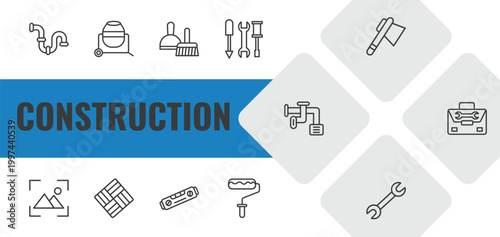 construction outline icon set. linear vector for ui, web and mobile. thin line plumbing pipes, concrete mixer, dustpan and brush icons.