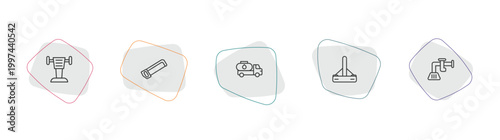 construction outline icon set. linear vector for ui, web and mobile. thin line rammer, hacksaw, fuel truck icons.