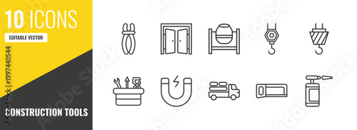 construction tools outline icon set. 10 linear vector for ui, web and mobile. thin line inclined clippers, doors open, cement mixers icons.