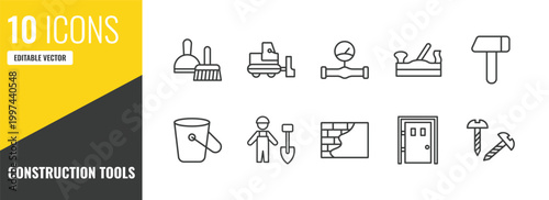 construction tools outline icon set. 10 linear vector for ui, web and mobile. thin line dustpan and brush, little snowplow, gas pipe icons.