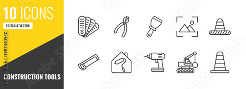 construction tools outline icon set. 10 linear vector for ui, web and mobile. thin line pantone, clipper, putty knife icons.