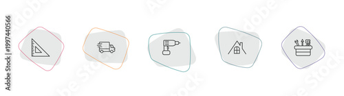 construction outline icon set. linear vector for ui, web and mobile. thin line angle ruler, truck with freight, hand drill icons.