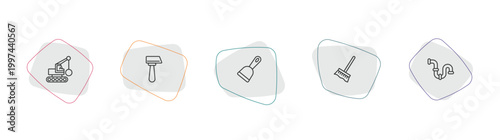 construction tools outline icon set. linear vector for ui, web and mobile. thin line derrick with ball, inclined hammer, scraper icons.