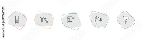 construction tools outline icon set. linear vector for ui, web and mobile. thin line ladder, nuts and bolts, cordless drill icons.