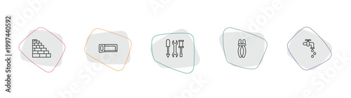 construction outline icon set. linear vector for ui, web and mobile. thin line birck wall, metal saw, three tools icons.