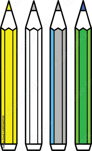 Four colorful wooden pencils standing in a row for drawing and writing tools collection