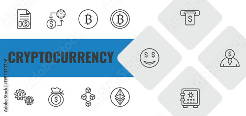 cryptocurrency outline icon set. linear vector for ui, web and mobile. thin line invoice, proof of capacity, bitcoin icons.