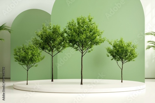 Green Trees Displayed on a Round Platform With Simple Background and Clean Li...