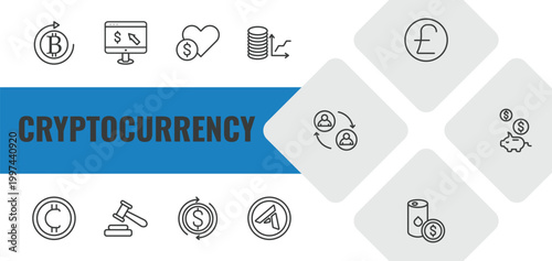 cryptocurrency outline icon set. linear vector for ui, web and mobile. thin line crypto invest, online banking, donate icons.