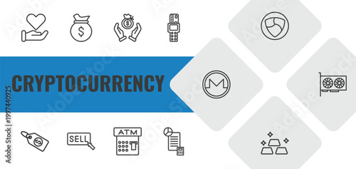 cryptocurrency outline icon set. linear vector for ui, web and mobile. thin line donation, money bag, saving icons.