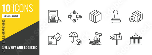 delivery and logistic outline icon set. 10 linear vector for ui, web and mobile. thin line waybill, supply chain, box icons.