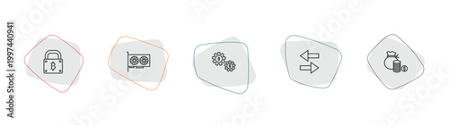 cryptocurrency outline icon set. linear vector for ui, web and mobile. thin line bitcoin encryption, video card, economy gear icons.