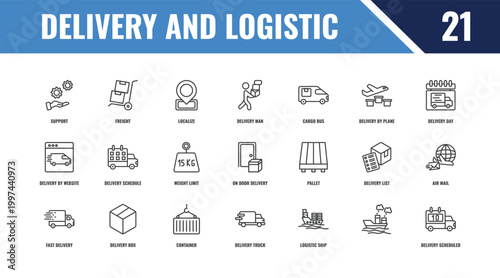 delivery and logistic outline icon set. linear vector for ui, web and mobile. thin line freight, delivery day, pallet icons.