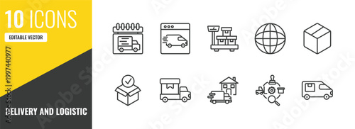 delivery and logistic outline icon set. 10 linear vector for ui, web and mobile. thin line delivery day, delivery by website, weighing icons.