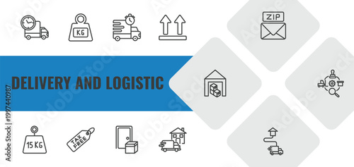 delivery and logistic outline icon set. linear vector for ui, web and mobile. thin line delivery time, weight, express delivery icons.