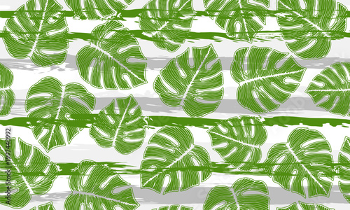 Ceriman tropical leaves botanical seamless rapport over stripes background. R...