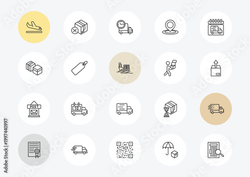 delivery and logistic outline icon set. linear vector for ui, web and mobile. thin line arrival, boxes, post office icons.