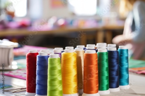 Spools of Colorful Thread Arranged Neatly on a Table in a Crafting Studio