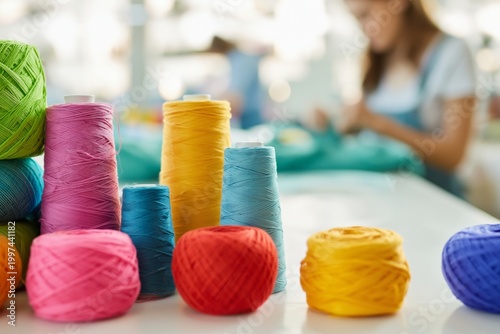 Colorful Spools of Thread and Yarn Arranged on a Table in a Craft Studio