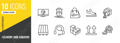 delivery and logistic outline icon set. 10 linear vector for ui, web and mobile. thin line delivery monitor, ship by sea, duty free icons.