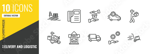 delivery and logistic outline icon set. 10 linear vector for ui, web and mobile. thin line logistic ship, dossier, delivery safety icons.