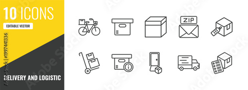 delivery and logistic outline icon set. 10 linear vector for ui, web and mobile. thin line delivery by bike, delivery containers, package icons.
