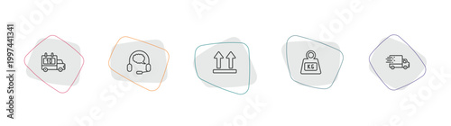 delivery and logistic outline icon set. linear vector for ui, web and mobile. thin line delivery scheduled, customer support, side up icons.