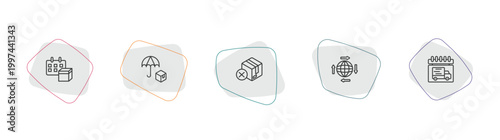 delivery and logistic outline icon set. linear vector for ui, web and mobile. thin line delivery date, logistic umbrella, delivery cancelled icons.