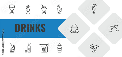 drinks outline icon set. linear vector for ui, web and mobile. thin line brandy glass, mai thai, frappuccino icons.