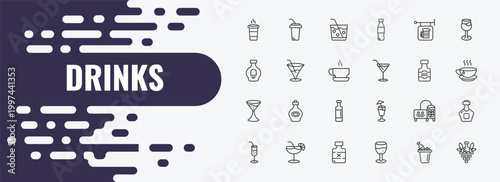 drinks outline icon set. linear vector for ui, web and mobile. thin line soft drink, caipirinha, pub icons.