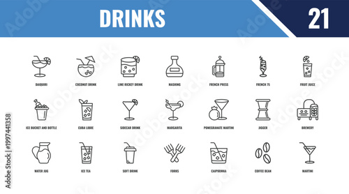drinks outline icon set. linear vector for ui, web and mobile. thin line coconut drink, fruit juice, pomegranate martini icons.