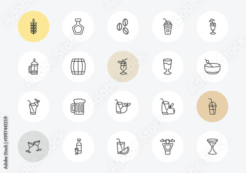 drinks outline icon set. linear vector for ui, web and mobile. thin line grain, french press, bloody mary icons.